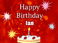 Happy Birthday Ian GIF: A bright red happy birthday gif animated with a cake candle, and glitter and sparkles. Customize with name.