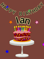 Happy Birthday Ian GIF: Animated birthday gif of a chocolate cartoon cake and stars. Animated text can be customized with name.