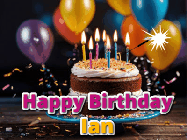 Happy Birthday Ian GIF: A birthday cake with flickering candles gif with text reading Happy Birthday and a Name slot to customize