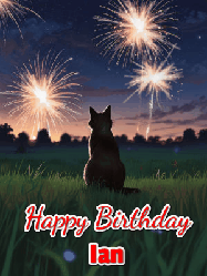 Happy Birthday Ian GIF: An animated gif at night showing the backside of a sitting cat who watches sparkle and fireworks over a meadow. Customize name and happy birthday.