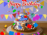 Happy Birthday Ian GIF: Happy Birthday Cake GIF with a cat, lamb, and squirrel on the cake with flickering candles, a sparkler, and falling confetti. Reads Happy Birthday Name and you can customize the name
