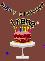 Happy Birthday Irene GIF: Animated birthday gif of a chocolate cartoon cake and stars. Animated text can be customized with name.