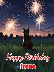 Happy Birthday Irene GIF: An animated gif at night showing the backside of a sitting cat who watches sparkle and fireworks over a meadow. Customize name and happy birthday.