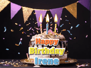 Happy Birthday Irene GIF: Happy birthday cake animated gif with flickering candles, animated text, and falling confetti. Customize text reading Happy Birthday Customize.