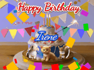 Happy Birthday Irene GIF: Happy Birthday Cake GIF with a cat, lamb, and squirrel on the cake with flickering candles, a sparkler, and falling confetti. Reads Happy Birthday Name and you can customize the name