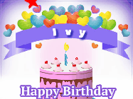 Happy Birthday Ivy GIF: Hearts and stars animated birthday gif with a birthday and birthday banner text you can customize with name.