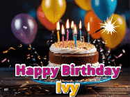 Happy Birthday Ivy GIF: A birthday cake with flickering candles gif with text reading Happy Birthday and a Name slot to customize