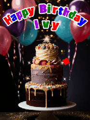 Happy Birthday Ivy GIF: Beautiful birthday cake animated gif, a celebration of balloons, confetti, and sparklers. Customize banner and name.