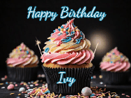 Happy Birthday Ivy GIF: A delicious cupcake gif with animated sparkles reading Happy Birthday with a name to customize