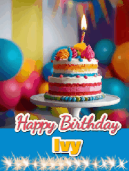 Happy Birthday Ivy GIF: A birthday card gif with a cake and candle and a blue ribbon with animated sparklers. Reads Happy Birthday Name