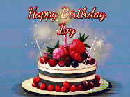 Happy Birthday Ivy GIF: Animated GIF of a birthday cake covered in berries with 2 sparklers and a candle, reads Happy Birthday Name. Customize it.