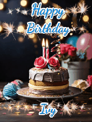 Happy Birthday Ivy GIF: Sparkles and glitter happy birthday gif with a cake and flickering candles and sparklers behind the words happy birthday customize
