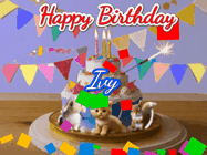 Happy Birthday Ivy GIF: Happy Birthday Cake GIF with a cat, lamb, and squirrel on the cake with flickering candles, a sparkler, and falling confetti. Reads Happy Birthday Name and you can customize the name
