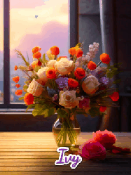 Happy Birthday Ivy GIF: A vase of flowers and animated hearts pop in and out as the words Happy Birthday Name appears that you can customize