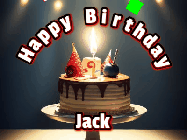 Happy Birthday Jack GIF: Animated happy birthday gif with a cake and flickering candles with colorful falling confetti and text reading Happy Birthday