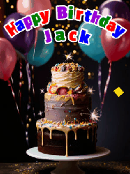 Happy Birthday Jack GIF: Beautiful birthday cake animated gif, a celebration of balloons, confetti, and sparklers. Customize banner and name.