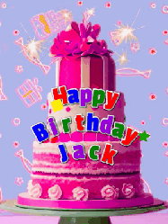 Happy Birthday Jack GIF: A big beautiful birthday cake gif with falling confetti, sparklers, and balloons, reads Happy Birthday Name. Customize it.