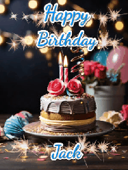 Happy Birthday Jack GIF: Sparkles and glitter happy birthday gif with a cake and flickering candles and sparklers behind the words happy birthday customize