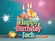 Happy Birthday Jack GIF: A colorful animated Happy Birthday Cake GIF with swirling sparkles and flickering candles. It reads Happy Birthday Name