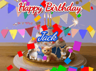 Happy Birthday Jack GIF: Happy Birthday Cake GIF with a cat, lamb, and squirrel on the cake with flickering candles, a sparkler, and falling confetti. Reads Happy Birthday Name and you can customize the name