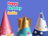 Happy Birthday Jackie GIF: Happy birthday animated gif with fancy gold and silver text and star popping in and out. Customize name.