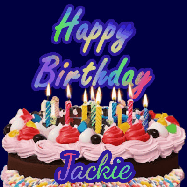 Happy Birthday Jackie GIF: A dark blue birthday gif with a beautiful cake with flickering candles, background sparkles and a name to customize.