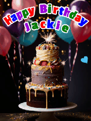 Happy Birthday Jackie GIF: Beautiful birthday cake animated gif, a celebration of balloons, confetti, and sparklers. Customize banner and name.