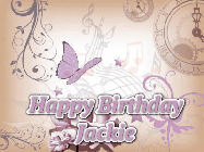 Happy Birthday Jackie GIF: Classical birthday gif background with colorful musical notes floating past and a name you can customize, reads Happy Birthday.