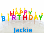 Happy Birthday Jackie GIF: 2 cats sit at a table with a birthday cake with animated candles in this birthday gif you can customize with name.