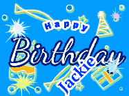Happy Birthday Jackie GIF: Spinning text over a birthday balloon background. Customize this animated birthday gif with name.