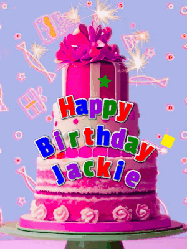 Happy Birthday Jackie GIF: A big beautiful birthday cake gif with falling confetti, sparklers, and balloons, reads Happy Birthday Name. Customize it.