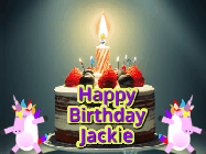 Happy Birthday Jackie GIF: An animated gif with 2 unicorns and a birthday candle on a cake.
