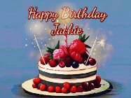 Happy Birthday Jackie GIF: Animated GIF of a birthday cake covered in berries with 2 sparklers and a candle, reads Happy Birthday Name. Customize it.