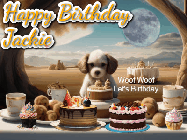 Happy Birthday Jackie GIF: Animated birthday gif with a dog at a fancy birthday table loaded with cakes as hearts appear. It reads Happy Birthday Customize.