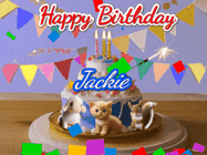 Happy Birthday Jackie GIF: Happy Birthday Cake GIF with a cat, lamb, and squirrel on the cake with flickering candles, a sparkler, and falling confetti. Reads Happy Birthday Name and you can customize the name