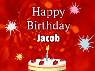 Happy Birthday Jacob GIF: A bright red happy birthday gif animated with a cake candle, and glitter and sparkles. Customize with name.