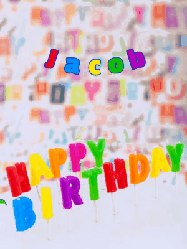 Happy Birthday Jacob GIF: Birthday gif animated with a dragon flying over birthday letter candles and lighting them. Customize the name banner.