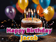 Happy Birthday Jacob GIF: A birthday cake with flickering candles gif with text reading Happy Birthday and a Name slot to customize