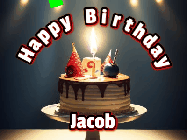 Happy Birthday Jacob GIF: Animated happy birthday gif with a cake and flickering candles with colorful falling confetti and text reading Happy Birthday