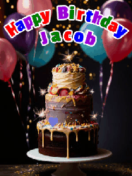 Happy Birthday Jacob GIF: Beautiful birthday cake animated gif, a celebration of balloons, confetti, and sparklers. Customize banner and name.