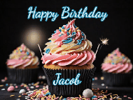 Happy Birthday Jacob GIF: A delicious cupcake gif with animated sparkles reading Happy Birthday with a name to customize