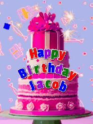 Happy Birthday Jacob GIF: A big beautiful birthday cake gif with falling confetti, sparklers, and balloons, reads Happy Birthday Name. Customize it.