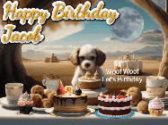 Happy Birthday Jacob GIF: Animated birthday gif with a dog at a fancy birthday table loaded with cakes as hearts appear. It reads Happy Birthday Customize.