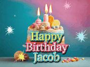 Happy Birthday Jacob GIF: A colorful animated Happy Birthday Cake GIF with swirling sparkles and flickering candles. It reads Happy Birthday Name