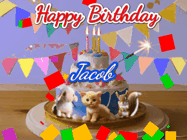 Happy Birthday Jacob GIF: Happy Birthday Cake GIF with a cat, lamb, and squirrel on the cake with flickering candles, a sparkler, and falling confetti. Reads Happy Birthday Name and you can customize the name