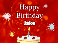 Happy Birthday Jake GIF: A bright red happy birthday gif animated with a cake candle, and glitter and sparkles. Customize with name.