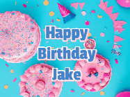 Happy Birthday Jake GIF: Happy birthday animated gif on this beautiful cake background and confetti with flowers, hearts, and stars.