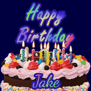 Happy Birthday Jake GIF: A dark blue birthday gif with a beautiful cake with flickering candles, background sparkles and a name to customize.