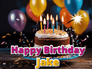 Happy Birthday Jake GIF: A birthday cake with flickering candles gif with text reading Happy Birthday and a Name slot to customize