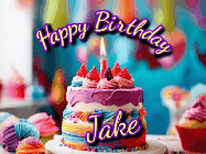 Happy Birthday Jake GIF: A colorful animated birthday gif of a cake and falling stars with a flickering candle. Text reads Happy Birthday and Customize.